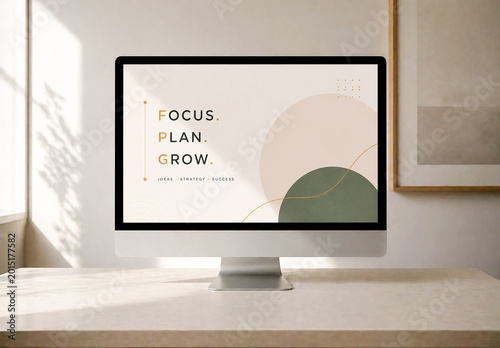 Modern Desktop Computer Monitor Mockup on Desk in Bright Interior with Sunlight Shadows