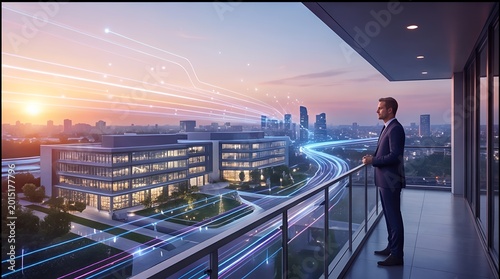 Urban Horizon: Tech-Forward Business Leader Overlooking Smart City at Dusk