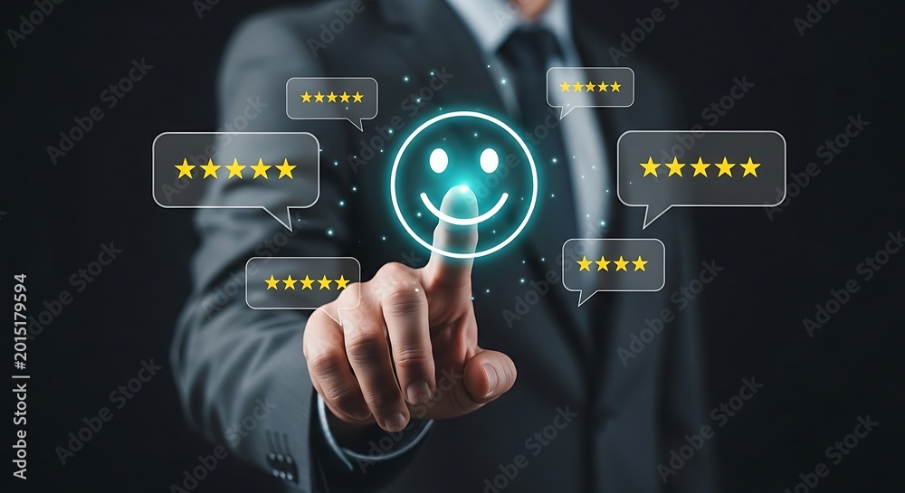 Fototapeta premium Businessman interacting with glowing smiley face and rating stars