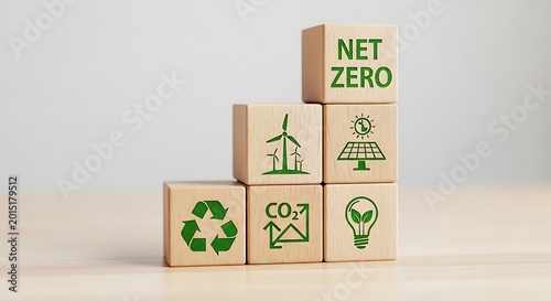 Wooden blocks with net zero and sustainability icons stacked on surface