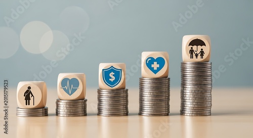 Stacks of coins with insurance icons on wooden blocks