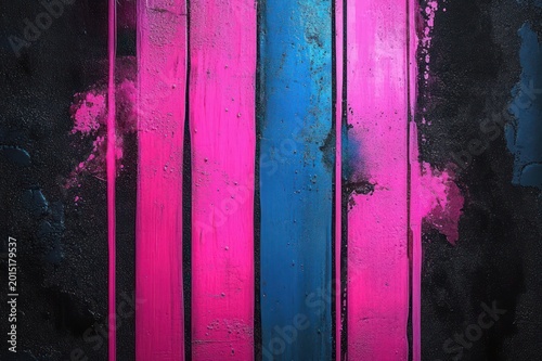 vibrant vertical pink and blue paint stripes on textured black background with drips and splatters, bold energetic urban abstract