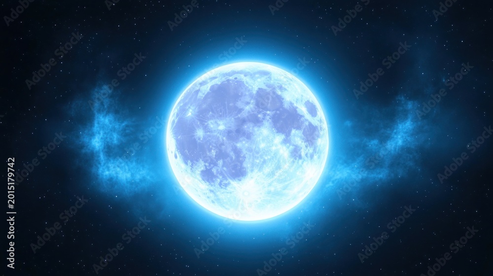 Fototapeta premium Glowing blue full moon surrounded by wispy nebula clouds and stars in a dark space sky, evoking serene mysterious cosmic wonder