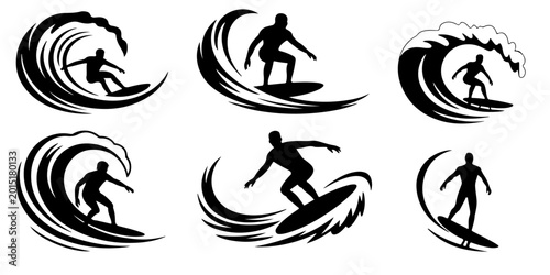 Foto Black silhouette collection of surfers with surfboards in standing and riding po