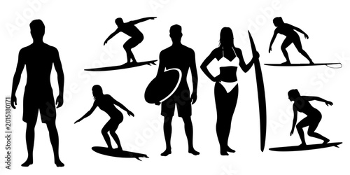 Canvas Print Black silhouette collection of surfers with surfboards in standing and riding po