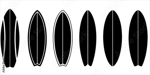 Minimal surfboard silhouette collection with black and white vector style layouts showing top, bottom and fin placement variations