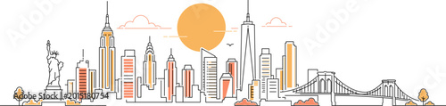 Modern New York City Skyline with Sunset Accent Vector Illustration