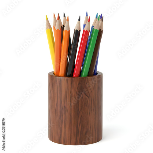 Colorful pencils in wooden pencil holder