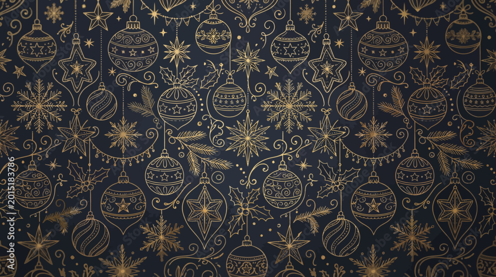Naklejka premium Elegant gold Christmas seamless pattern with festive ornaments, sparkling stars, and delicate snowflakes on a dark background for holiday designs and winter celebrations