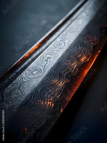 Intricate Pattern on a Steel Blade with Fiery Glow