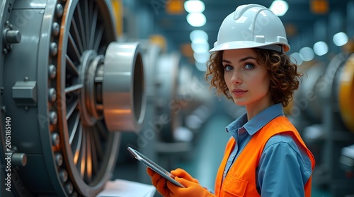 Female Engineer with Tablet in Industrial Facility Wearing Safety Gear and Operating Machinery
