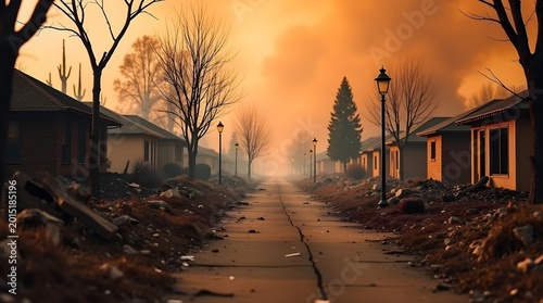 Desolate Neighborhood Street with Abandoned Houses and Hazy Smoky Skies at Sunset