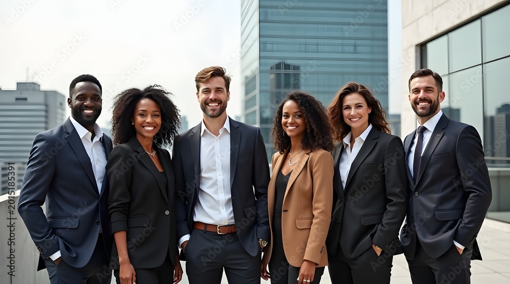 Obraz premium Diverse Team of Six Business Professionals Posing Confidently on Rooftop with City Skyline Background