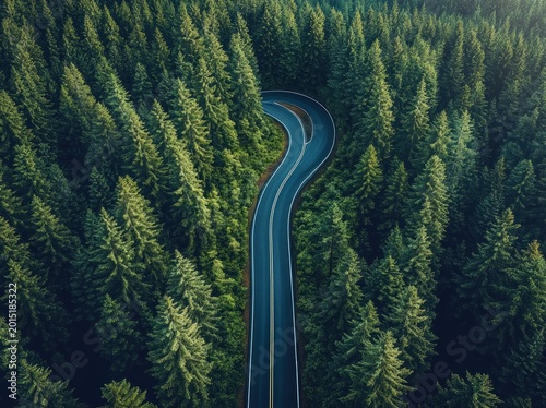 Aerial view of a winding asphalt road curving like a question mark through a dense evergreen forest, evoking serene solitude and mysterious adventure