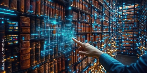 hand reaching to holographic blue data interface projected over rows of leather-bound books in a dim library, evoking wonder and discovery
