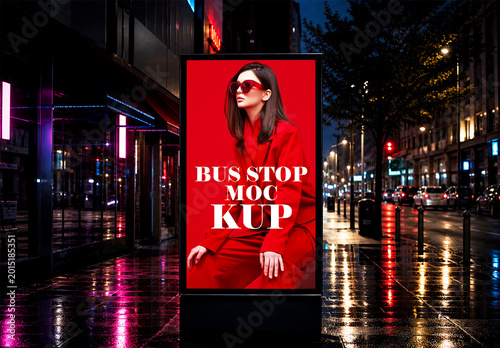 Red fashion bus stop billboard mockup in rainy night city