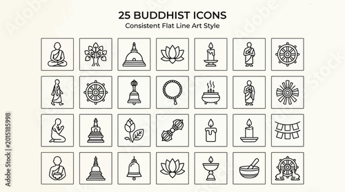 A set of 25 Buddhist icons in a consistent flat line art style featuring various religious symbols and figures.