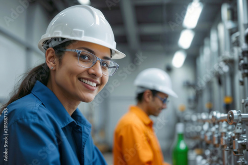 Happy Indian Industrial chemists researching new compounds, engineers optimizing processes, and teamwork in a petrochemical plant