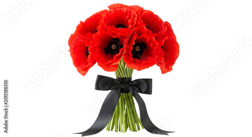 Beautiful bouquet of red poppies tied with a black ribbon