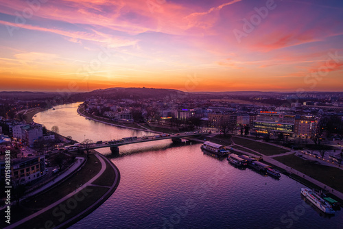 Magic sunset over Vistula River in Krakow, Poland.