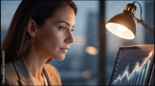 Evening Business Analysis: Professional Woman Reviewing Growth Charts on Laptop