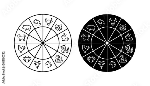 Schilderij op canvas Chinese Zodiac Wheel Icons, Animal Signs Set, Astrology Calendar Symbols, Vector