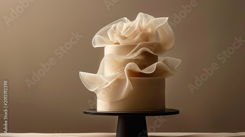 Luxury tiered wedding cake with delicate edible ruffles on a pedestal in cinematic lighting for high-end bridal and event planning marketing