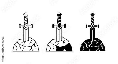 Quadro su tela Medieval Sword in Stone Vector Icons, Fantasy Legend Weapon Symbols, King Arthur