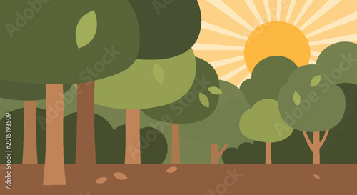 Stylized flat illustration of a sunlit forest with green trees and brown earth, evoking nature and tranquility.