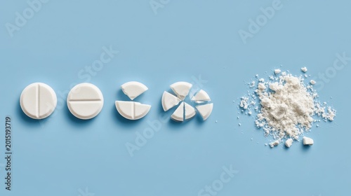 White round pill tablet breaking down into smaller pieces and then into powder on light blue background showing medication disintegration process in stages