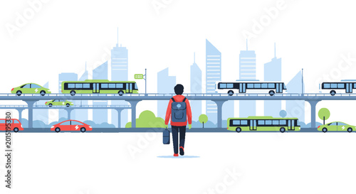 Modern urban commute: Person walking towards city skyline with multi-layered transportation, cars, buses on elevated roads. Flat vector.