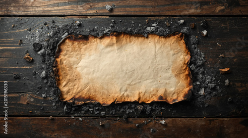features a vintage-style, burnt-edged piece of paper centered on a dark, textured wooden surface. The paper has a rectangular shape with irregular, charred edges, giving it an aged and weathered appea