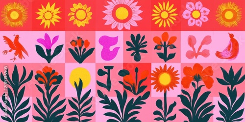 cheerful colorful tile grid of stylized sun shapes, sunflowers, flowers, leafy plants and small birds in bold pink, red, yellow and dark green