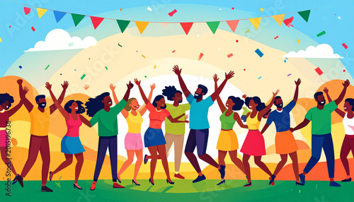 Foto Juneteenth African American Culture Celebration Vector Poster with Dancing Crowd