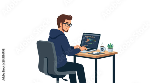 Man sitting at desk with laptop.