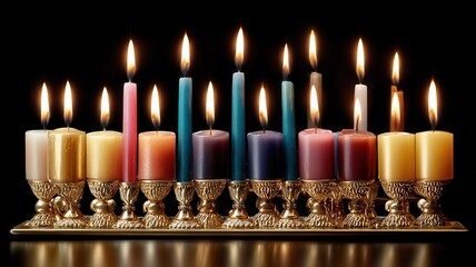 Traditional hanukkah menorah with burning candles in multiple colors, celebrating jewish heritage and holidays