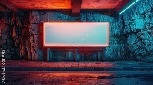 Horizontal neon light box illuminating a weathered concrete underpass with teal and orange reflections for cyberpunk urban marketing mockups