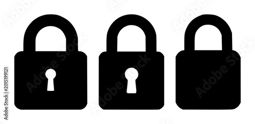 Data encryption padlock set with solid black icon on white background featuring lock, security, encryption with symbol and outline