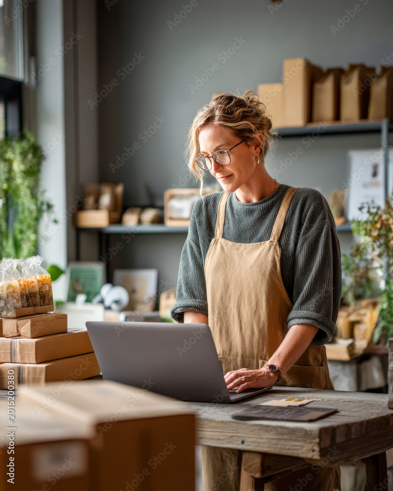 Fototapeta premium Female Entrepreneur Managing Ecommerce Orders In Small Business Studio