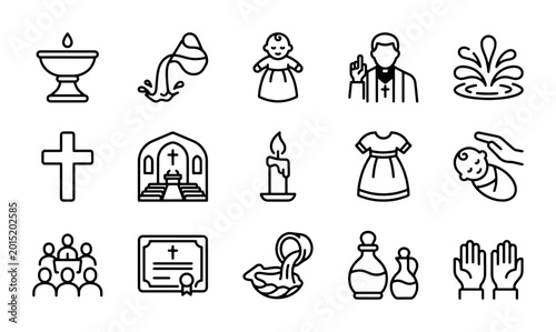 Foto Christian Baptism Icons, Religious Ceremony Symbols, Sacred Ritual Vector Set