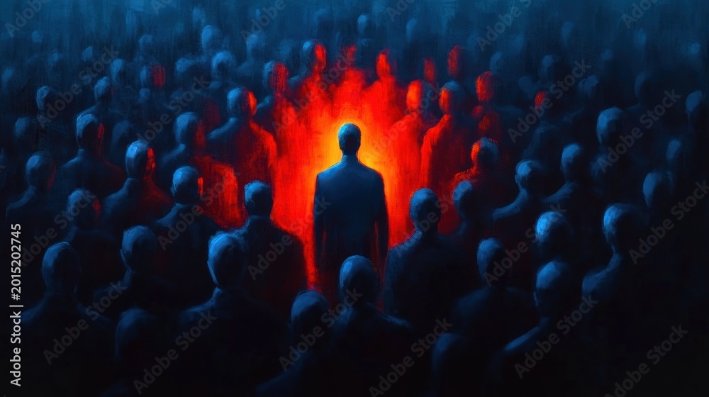 Obraz premium single backlit figure glowing red amid a crowd of faceless blue silhouettes, evoking isolation, alienation, and tense introspection