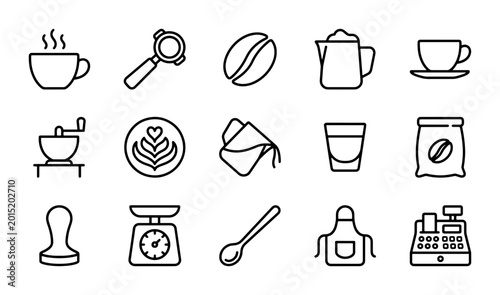 Tableau sur toile Coffee Shop Icons Set, Espresso Bar Equipment, Cafe Service Vector Graphics, 15