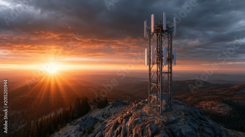 Communication tower on mountain peak during dramatic sunset with bright sun rays and colorful cloudy sky over forested landscape and rocky terrain