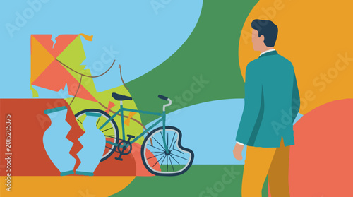Принти на полотні Illustration of man observing broken kite, damaged bicycle, and shattered vase
