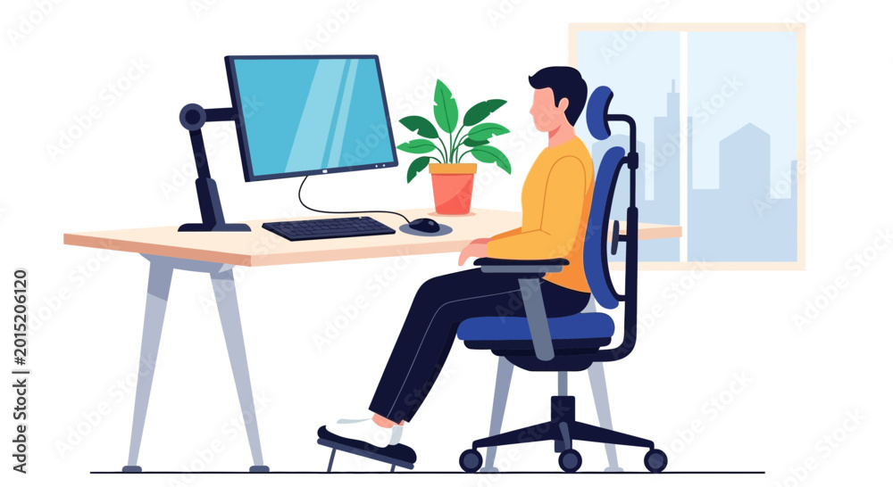 Fototapeta premium Man Working at Desk with Ergonomic Chair and Computer