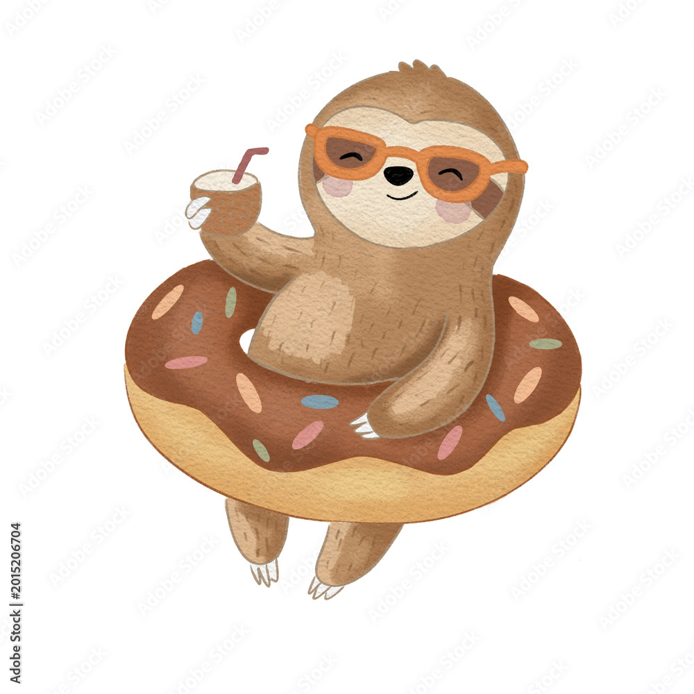 Fototapeta premium Cute sloth in sunglasses floating in donut swim ring and drinking coconut cocktail