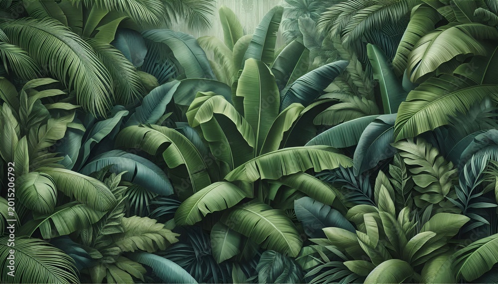 Fototapeta premium Fresh Exotic Tropical Jungle Leaf Wallpaper Mural Design Green Botanical Banana Leaves Background Menu Flowers Watercolor Summer Cards Posters Banners Placards Cafe Coffee Shop Hawaii Bar Restaurant