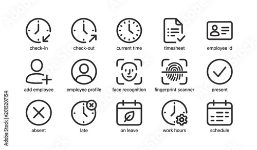 Employee time and attendance icons for check in and scheduling
