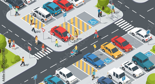 Tableau sur toile Isometric parking lot scene with cars, people, crosswalk, and accessible parking