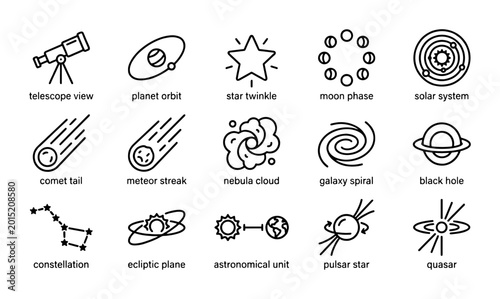 Tableau sur toile Space Icons Set: Astronomy, Celestial Bodies, Cosmic Phenomena, Vector Graphics